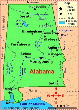 alabama map. Alabama: Facts, Map and State
