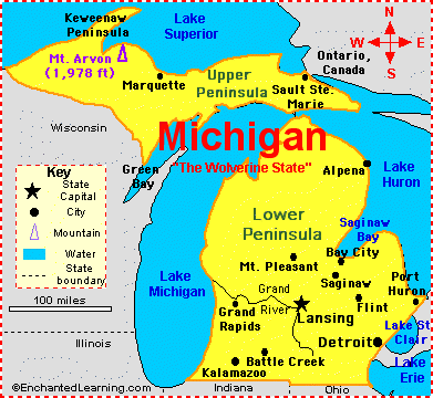 map of usa with states and cities. State Abbreviation - MI