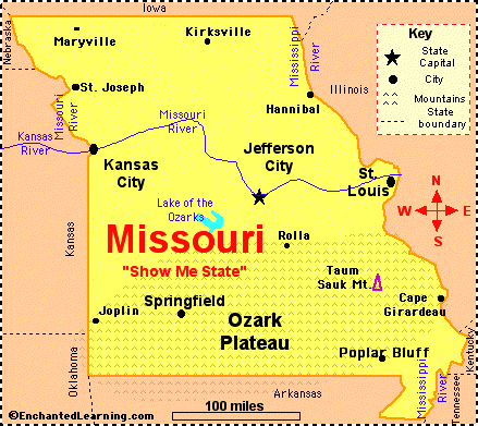 Physical   World on Missouri  Facts  Map And State Symbols   Enchantedlearning Com