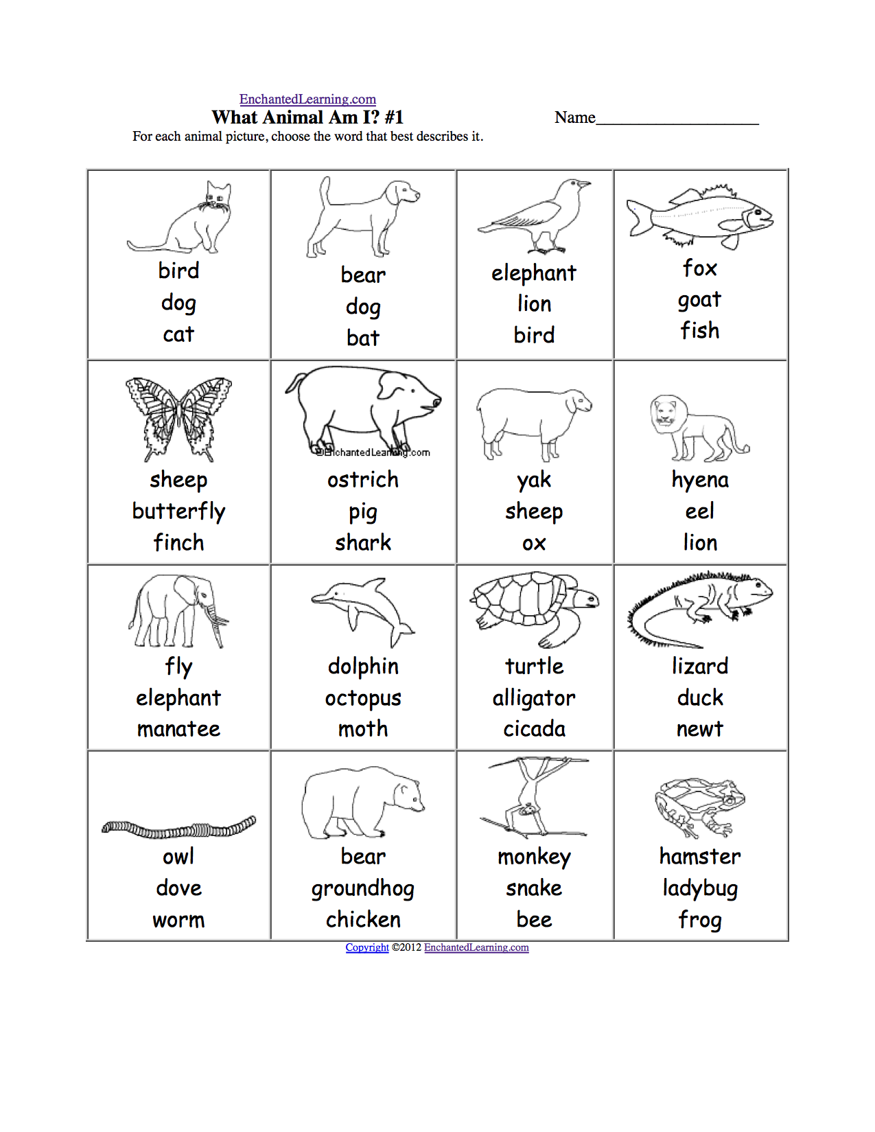 EnchantedLearning.com Spelling  play book Worksheets word sight at Animal