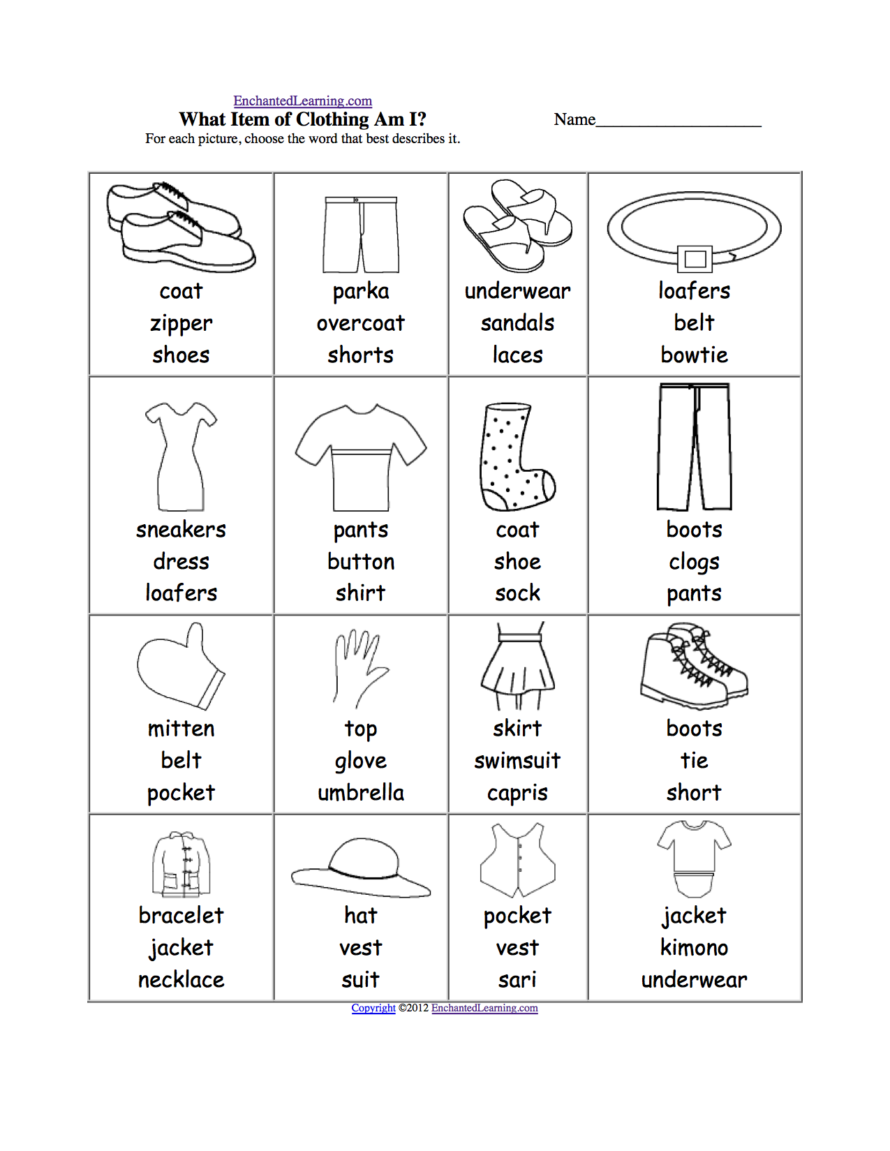 Clothes: Spelling Worksheets - EnchantedLearning.com