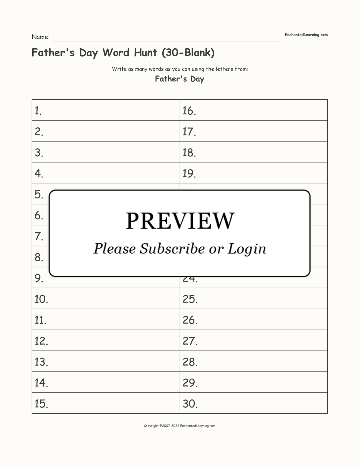 Father's Day Word Hunt (30-Blank) interactive worksheet page 1
