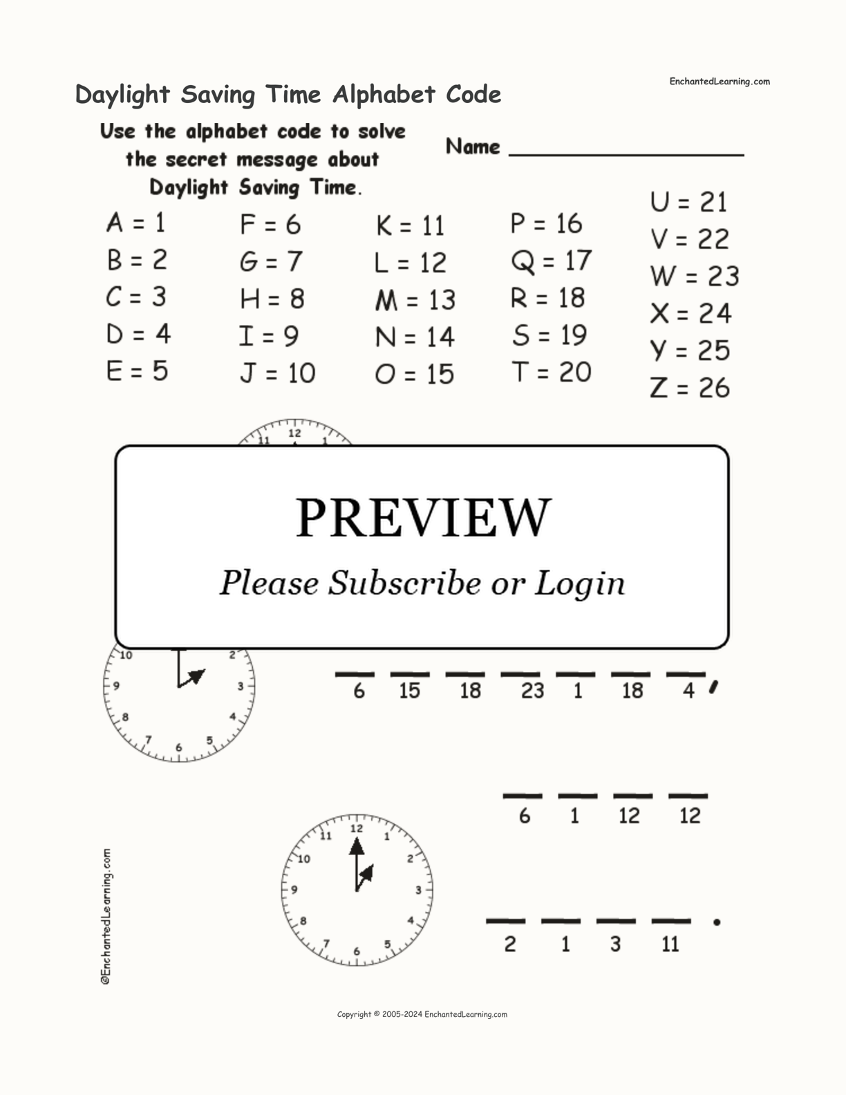 Daylight Saving Time Alphabet Code interactive worksheet page 1