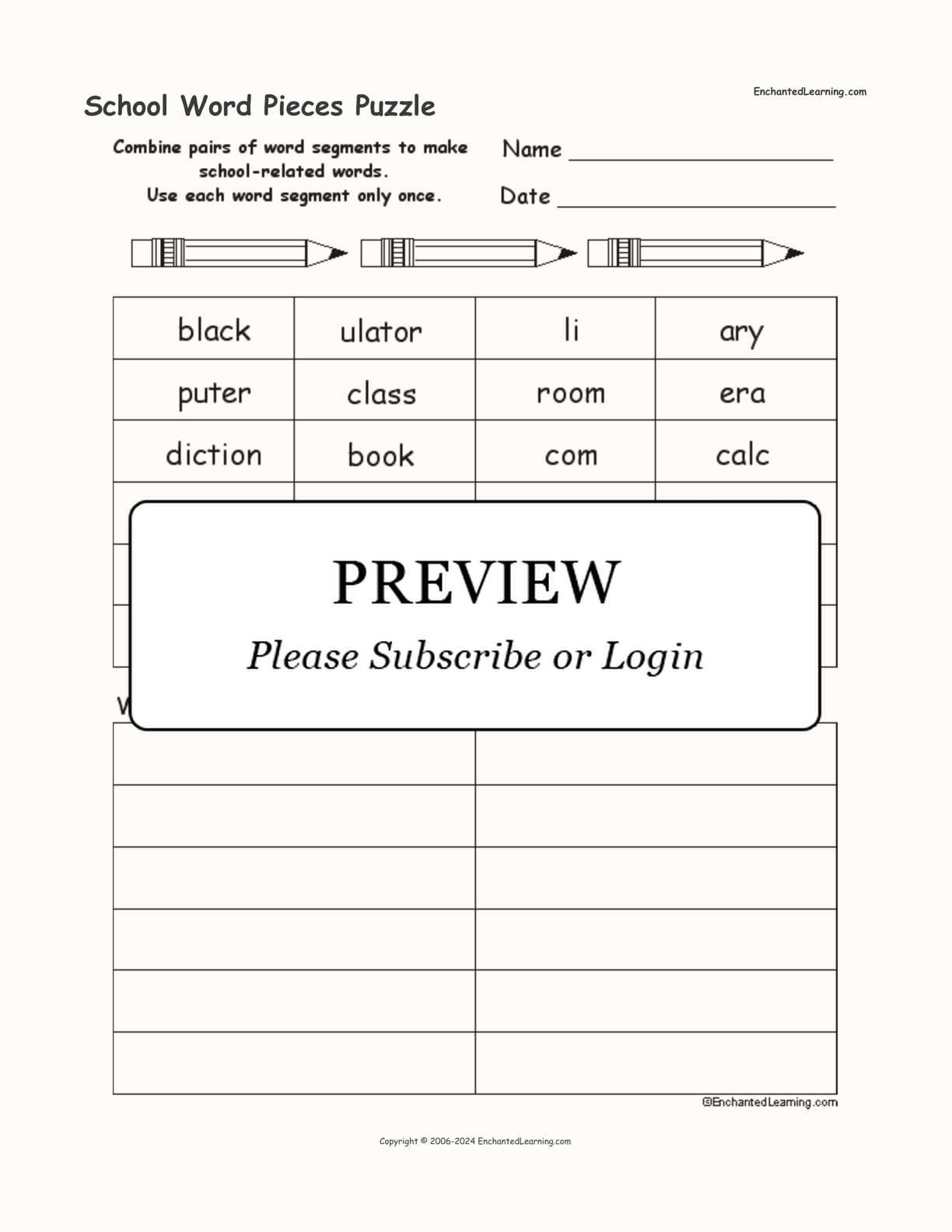 School Word Pieces Puzzle interactive worksheet page 1