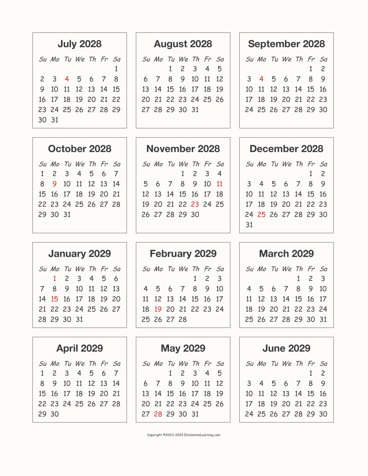 2028-2029 Calendar interactive printout page 1