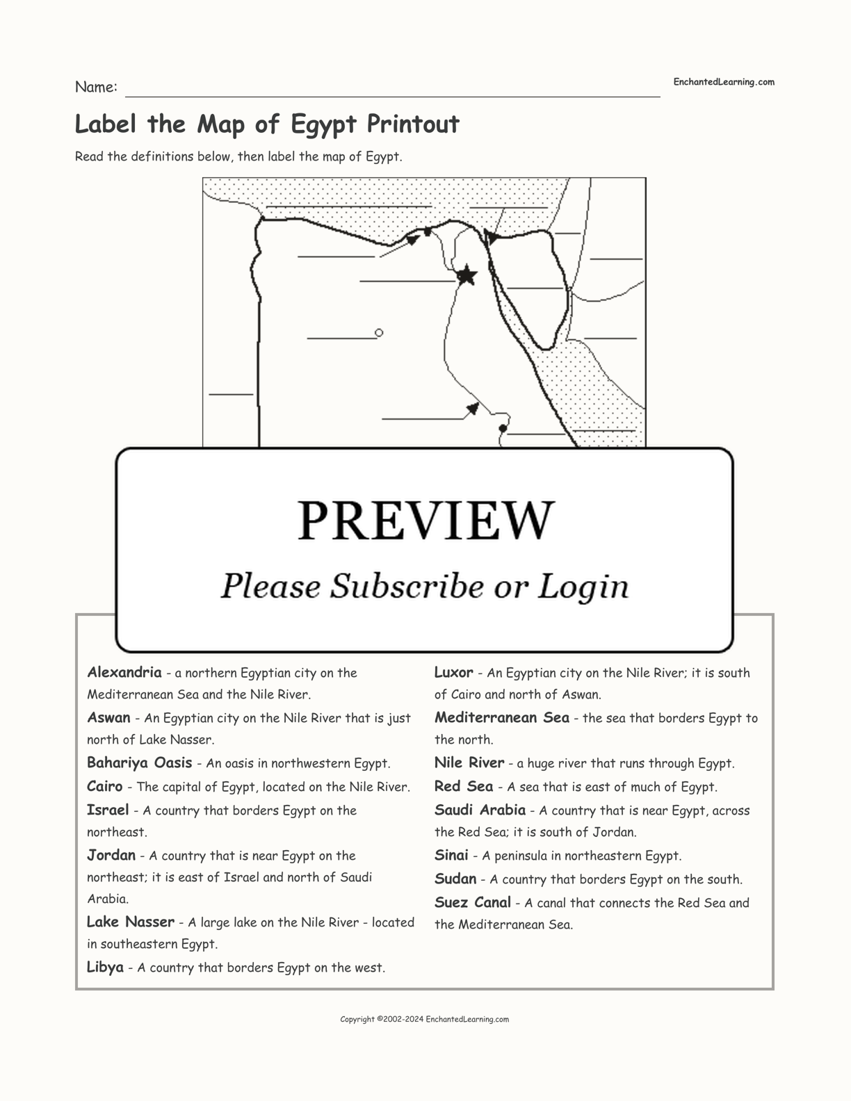 Label the Map of Egypt Printout interactive worksheet page 1