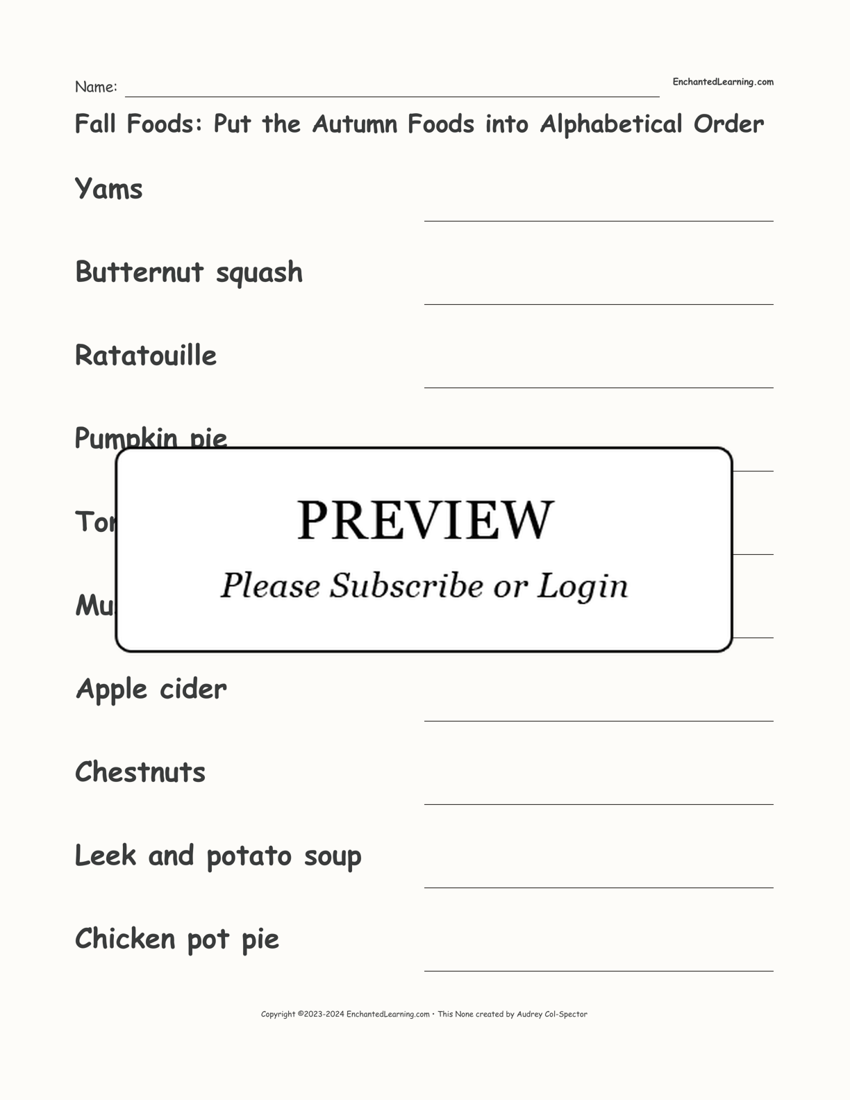 Fall Foods: Put the Autumn Foods into Alphabetical Order interactive worksheet page 1
