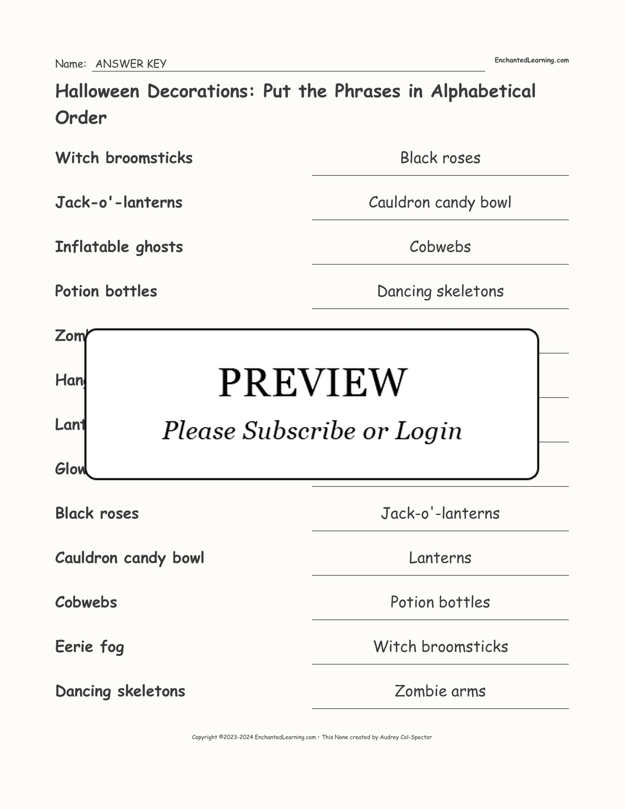 Halloween Decorations: Put the Phrases in Alphabetical Order interactive worksheet page 2