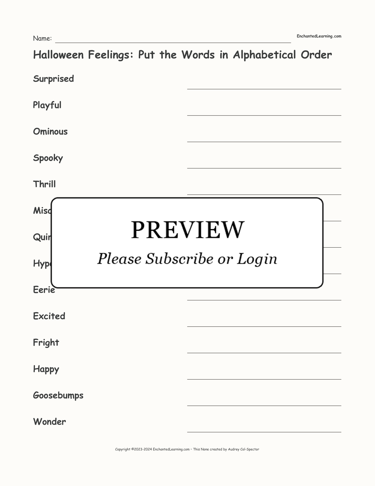 Halloween Feelings: Put the Words in Alphabetical Order interactive worksheet page 1