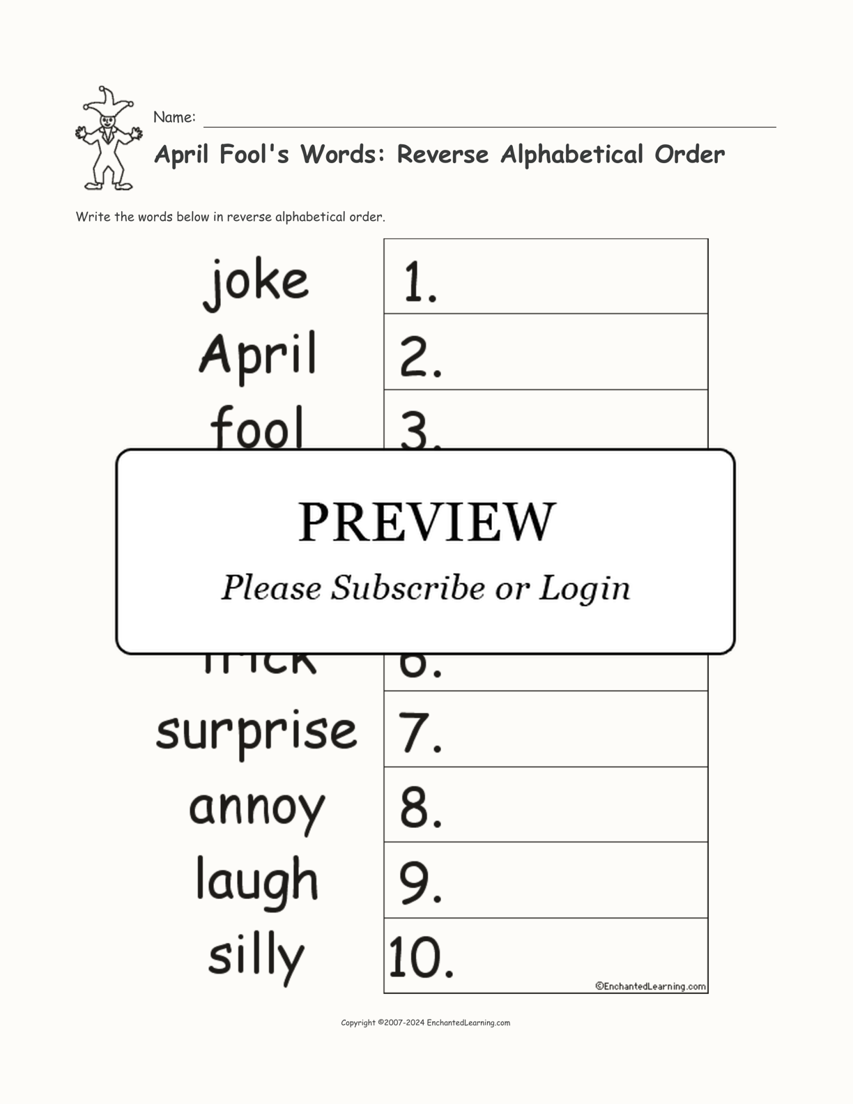 April Fool's Words: Reverse Alphabetical Order interactive worksheet page 1