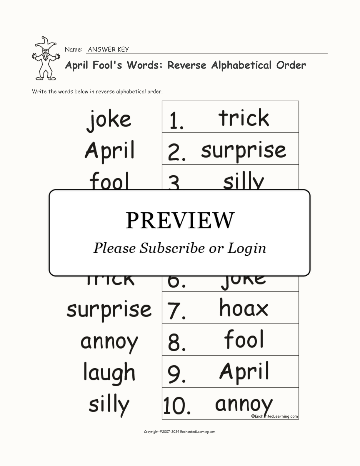 April Fool's Words: Reverse Alphabetical Order interactive worksheet page 2