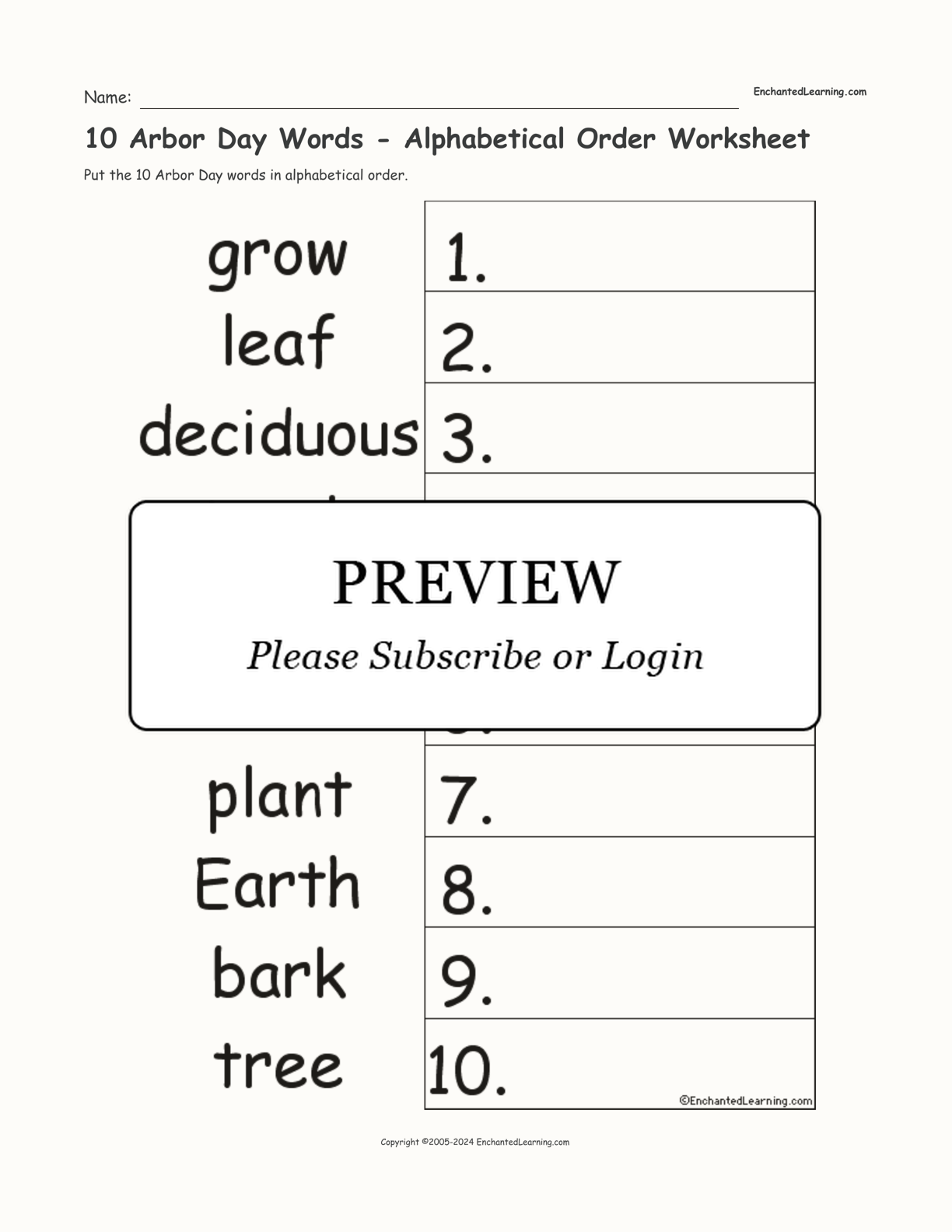 10 Arbor Day Words - Alphabetical Order Worksheet interactive worksheet page 1