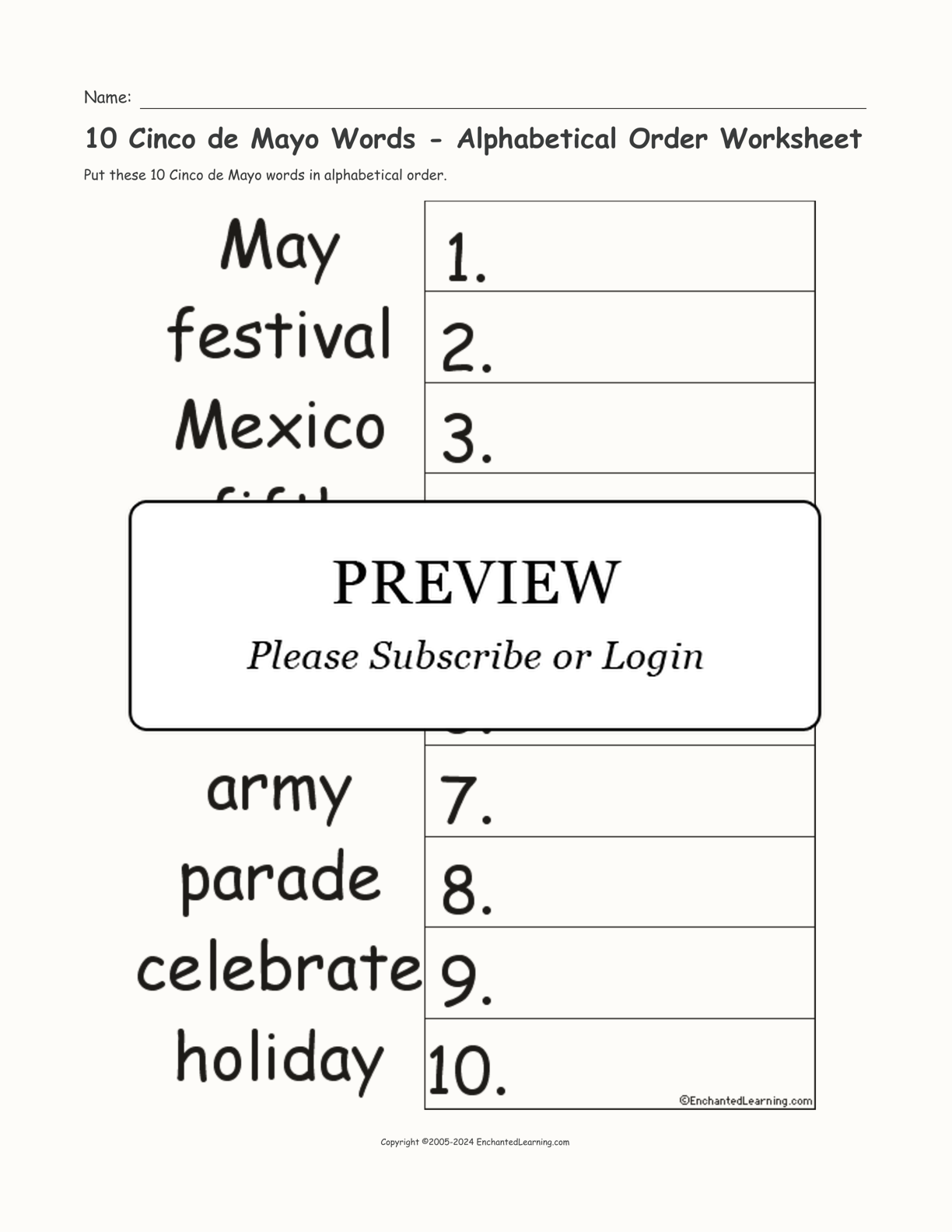 10 Cinco de Mayo Words - Alphabetical Order Worksheet interactive worksheet page 1