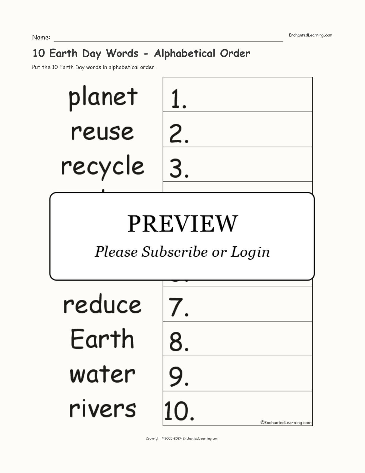 10 Earth Day Words - Alphabetical Order interactive worksheet page 1