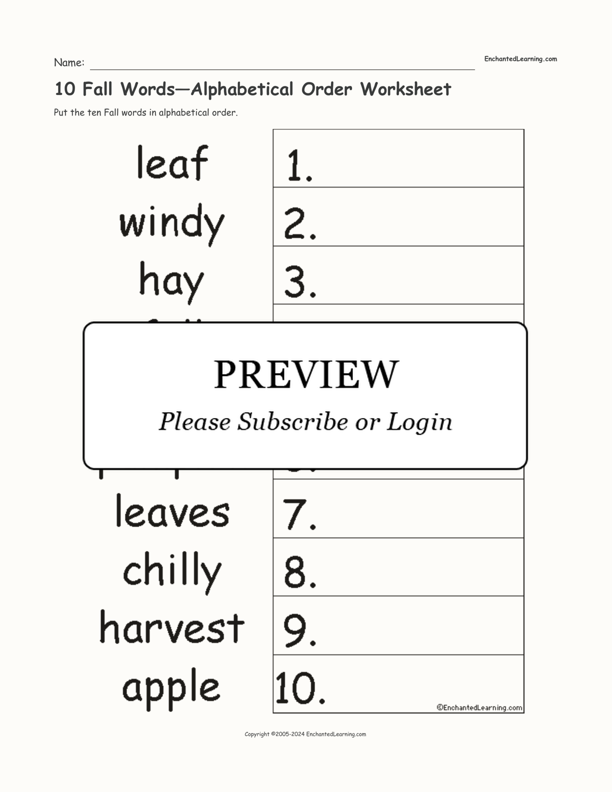 10 Fall Words—Alphabetical Order Worksheet interactive worksheet page 1