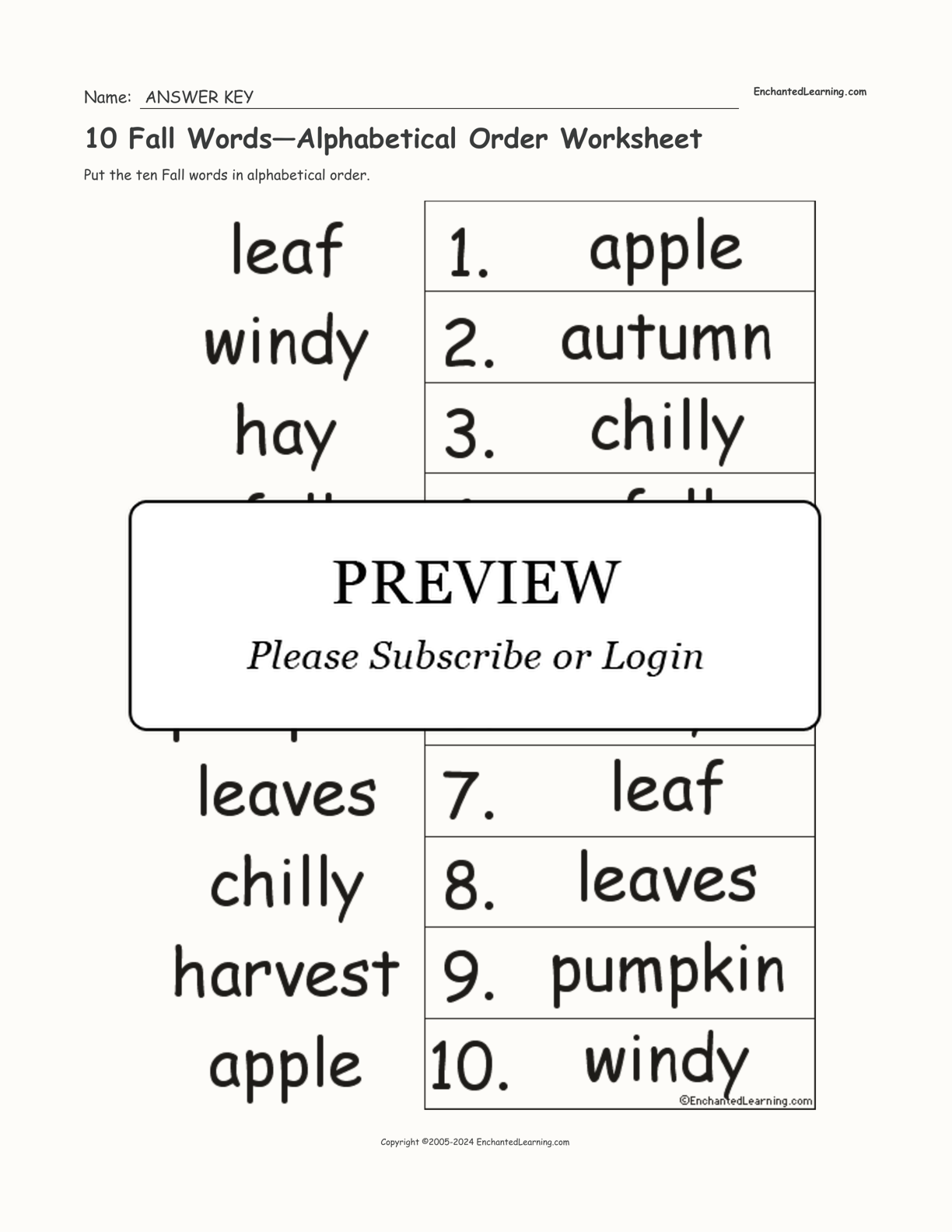 10 Fall Words—Alphabetical Order Worksheet interactive worksheet page 2