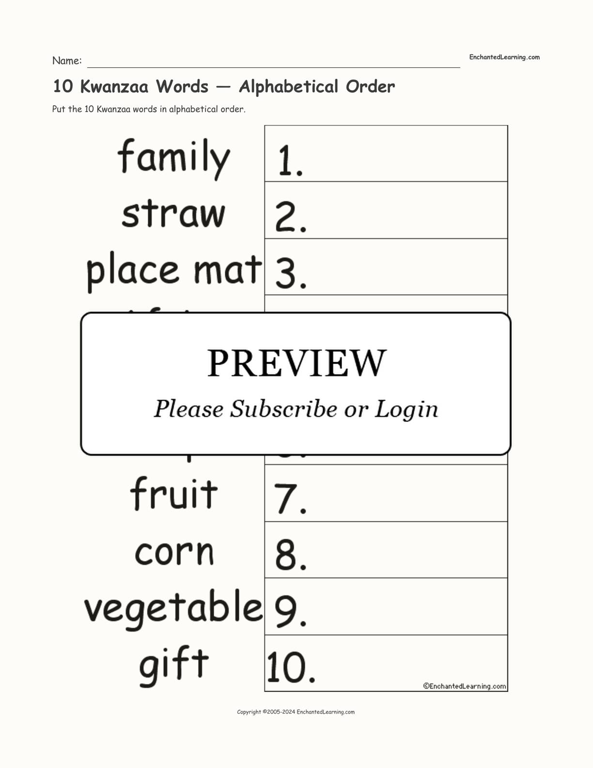 10 Kwanzaa Words — Alphabetical Order interactive worksheet page 1
