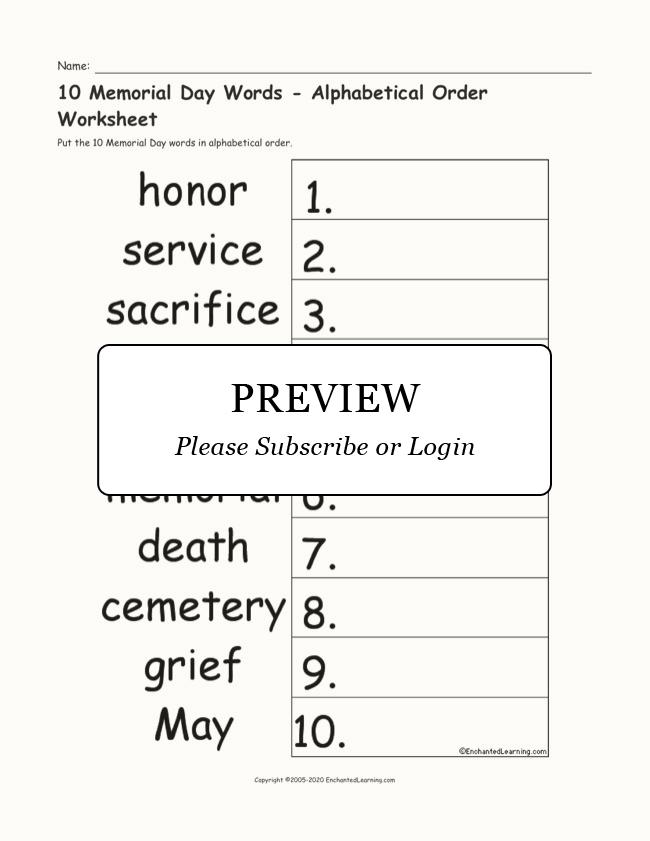 10 memorial day words alphabetical order worksheet enchanted learning