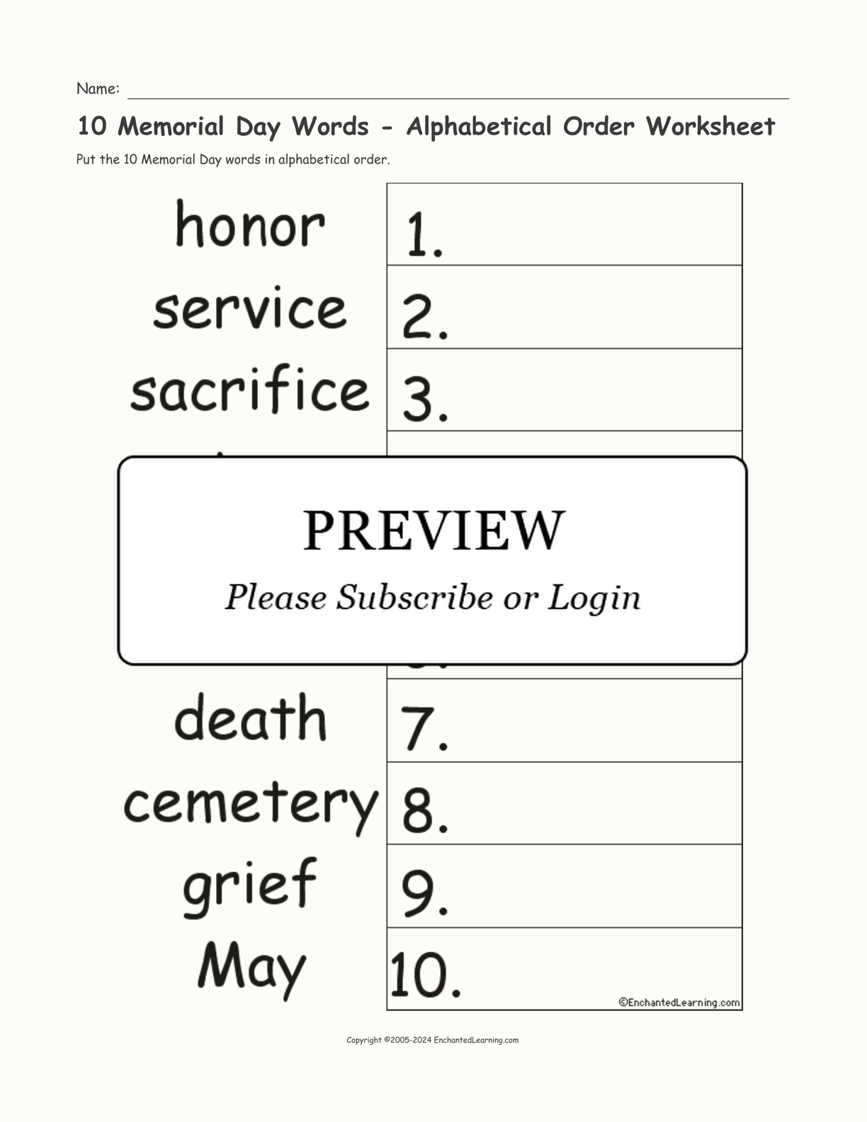 10 Memorial Day Words - Alphabetical Order Worksheet interactive worksheet page 1