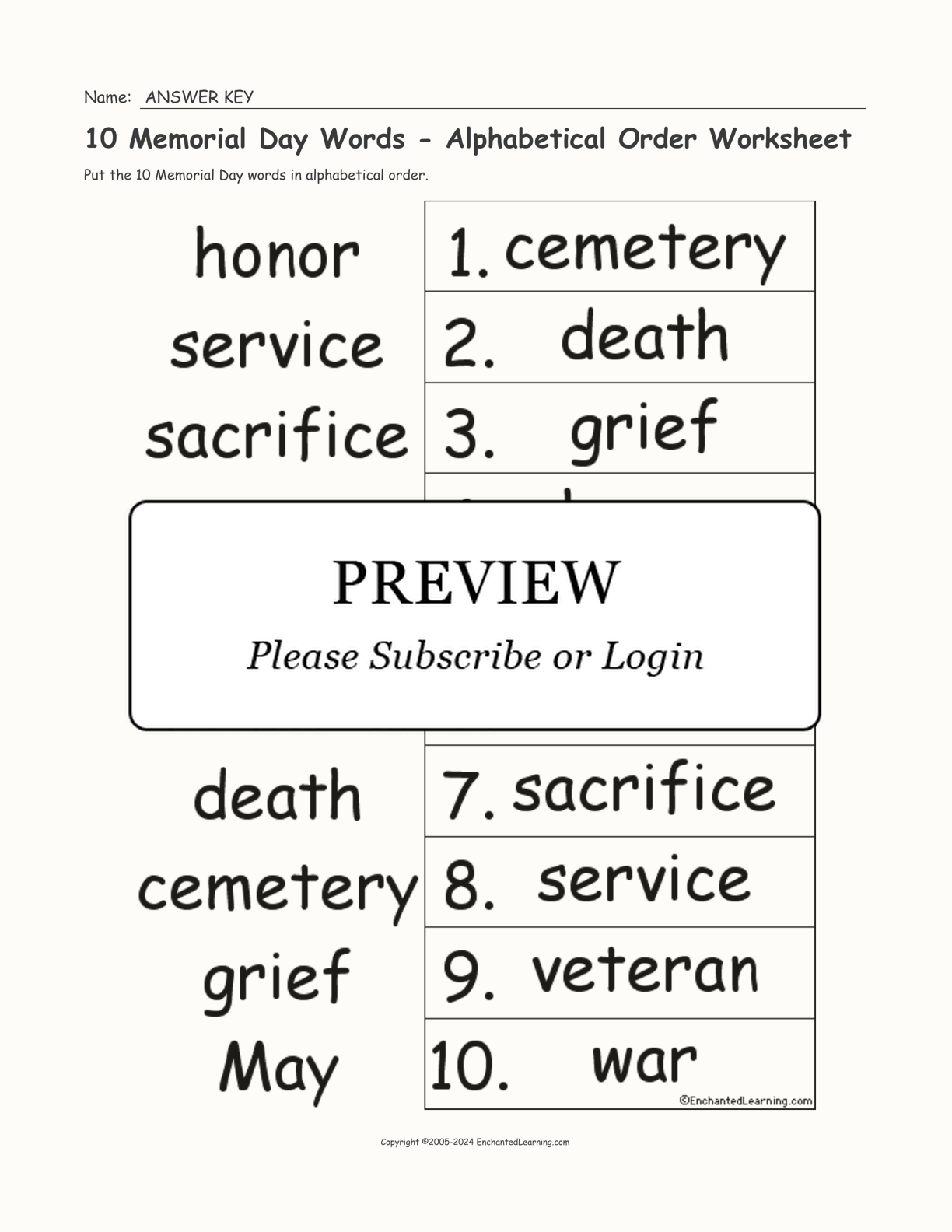 10 Memorial Day Words - Alphabetical Order Worksheet interactive worksheet page 2