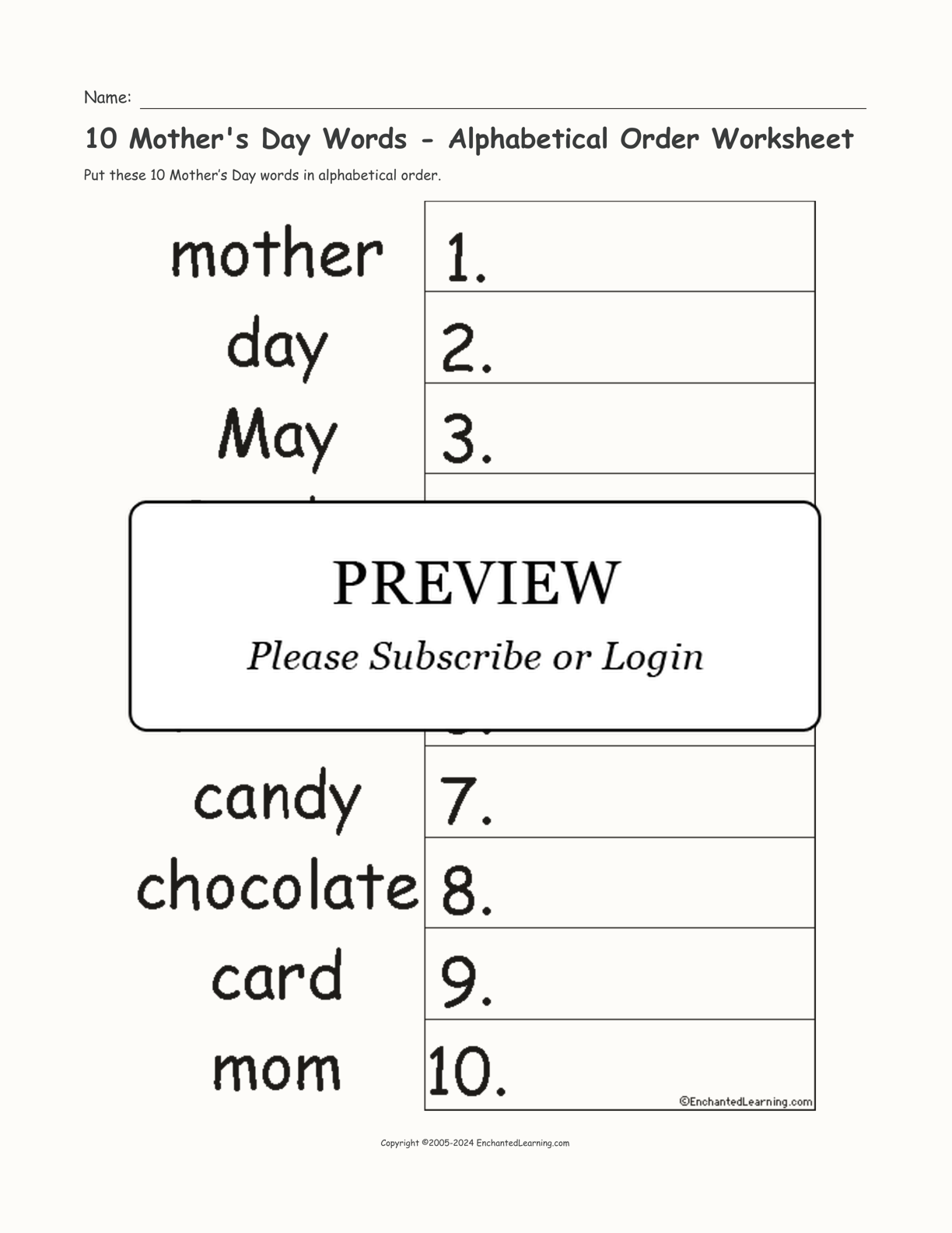 10 Mother's Day Words - Alphabetical Order Worksheet interactive worksheet page 1