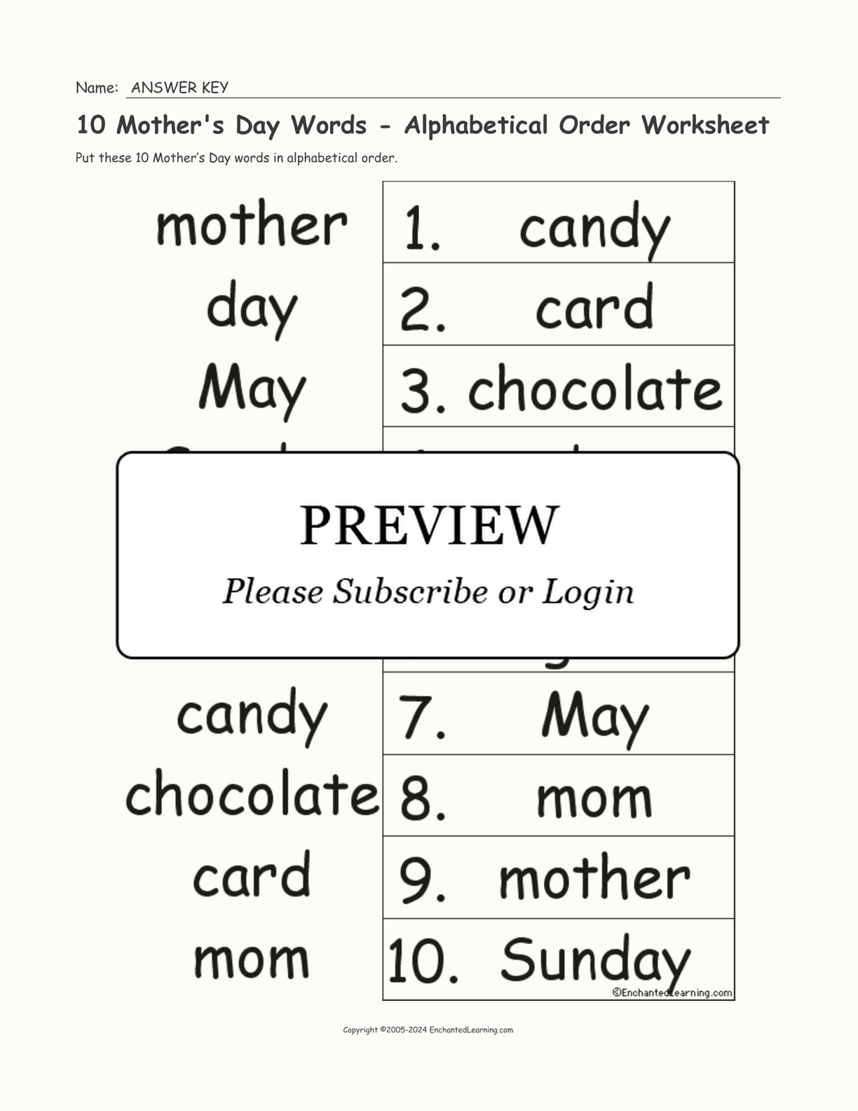 10 Mother's Day Words - Alphabetical Order Worksheet interactive worksheet page 2