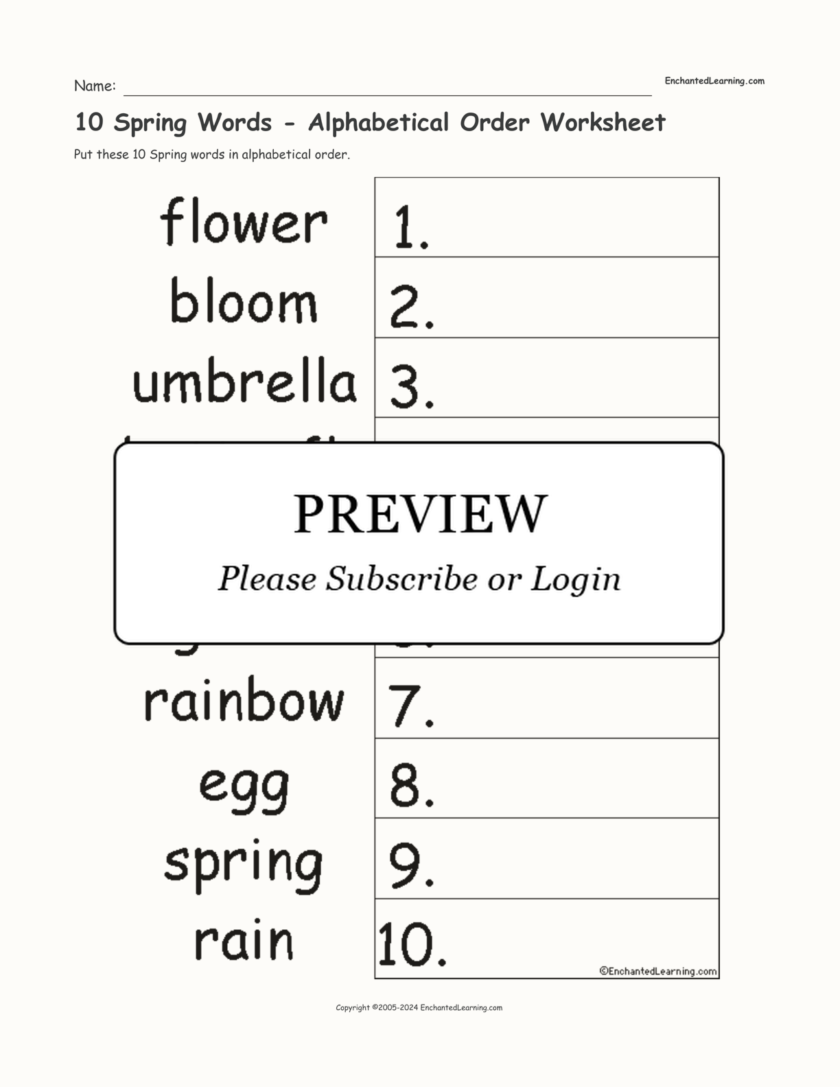 10 Spring Words - Alphabetical Order Worksheet interactive worksheet page 1