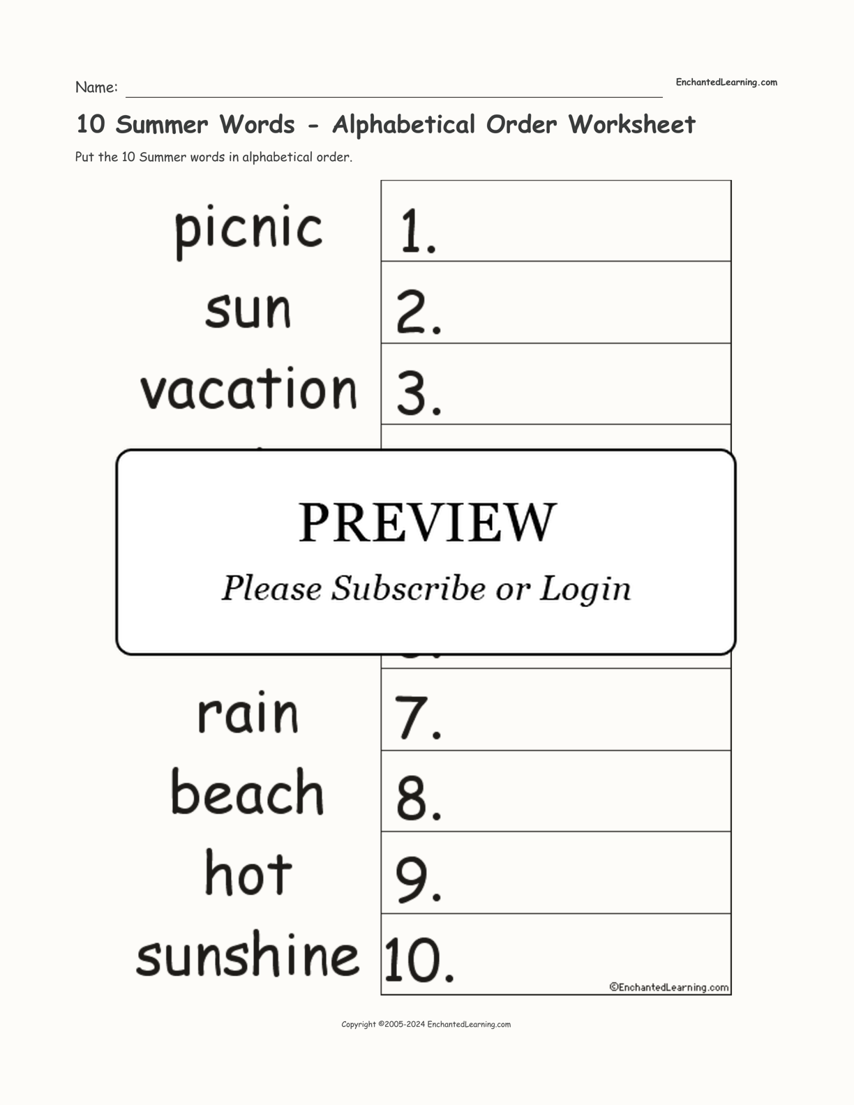 10 Summer Words - Alphabetical Order Worksheet interactive worksheet page 1
