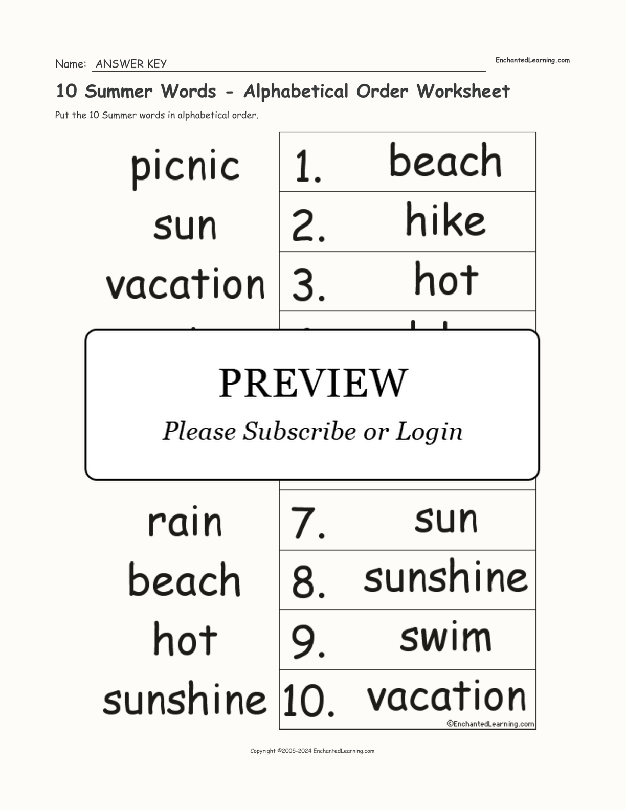 10 Summer Words - Alphabetical Order Worksheet interactive worksheet page 2