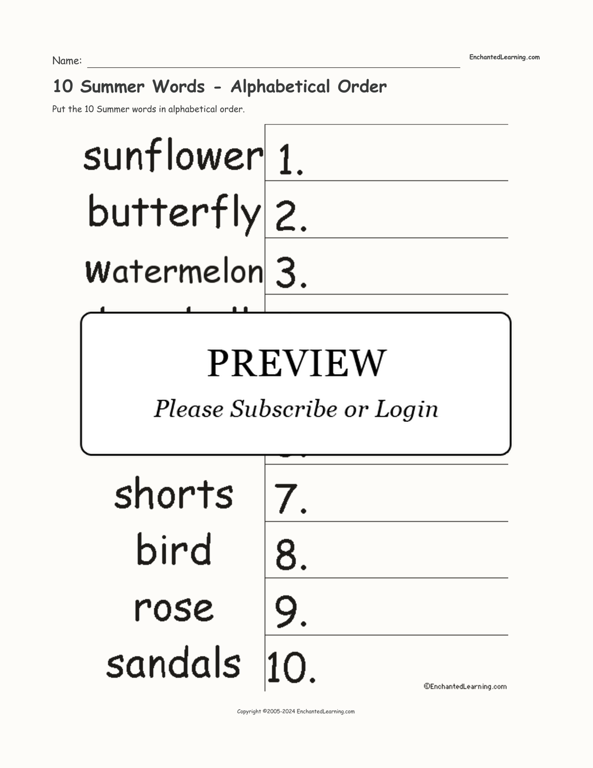 10 Summer Words - Alphabetical Order interactive worksheet page 1