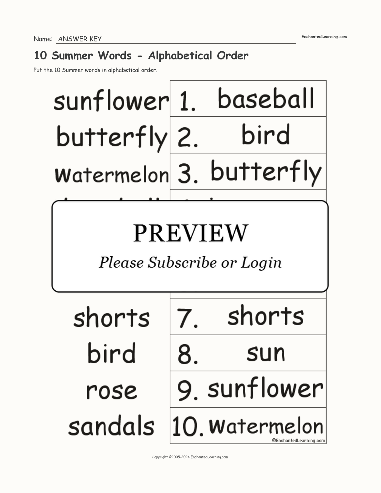 10 Summer Words - Alphabetical Order interactive worksheet page 2