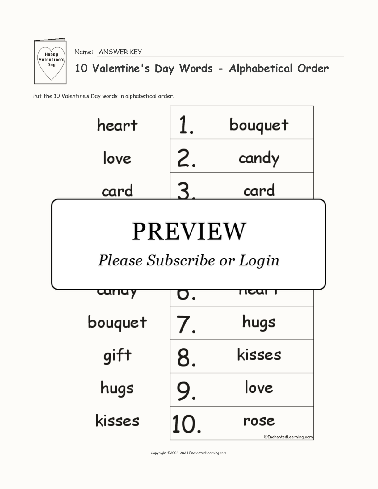 10 Valentine's Day Words - Alphabetical Order interactive worksheet page 2