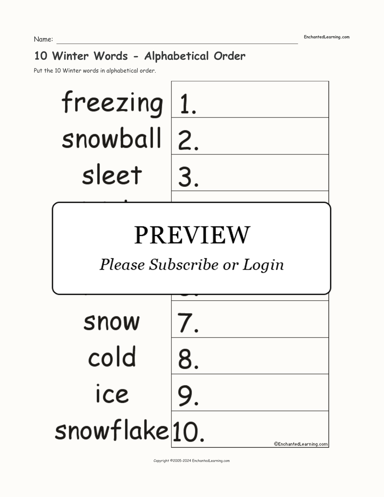 10 Winter Words - Alphabetical Order interactive worksheet page 1
