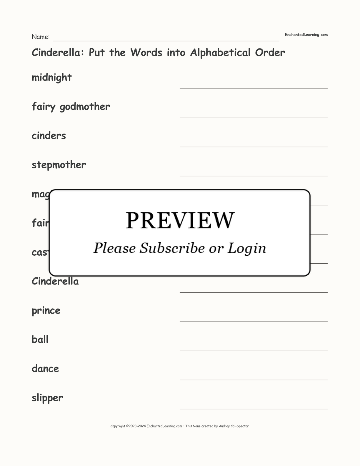 Cinderella: Put the Words into Alphabetical Order interactive worksheet page 1