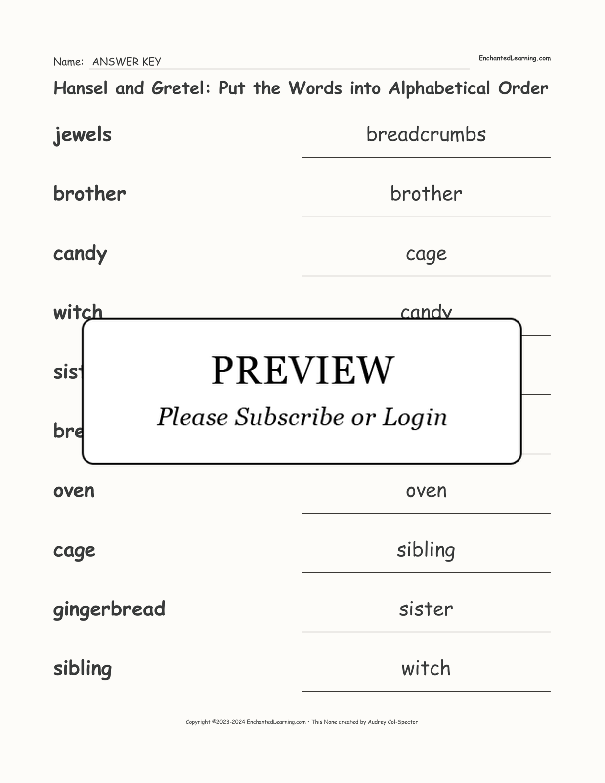 Hansel and Gretel: Put the Words into Alphabetical Order interactive worksheet page 2