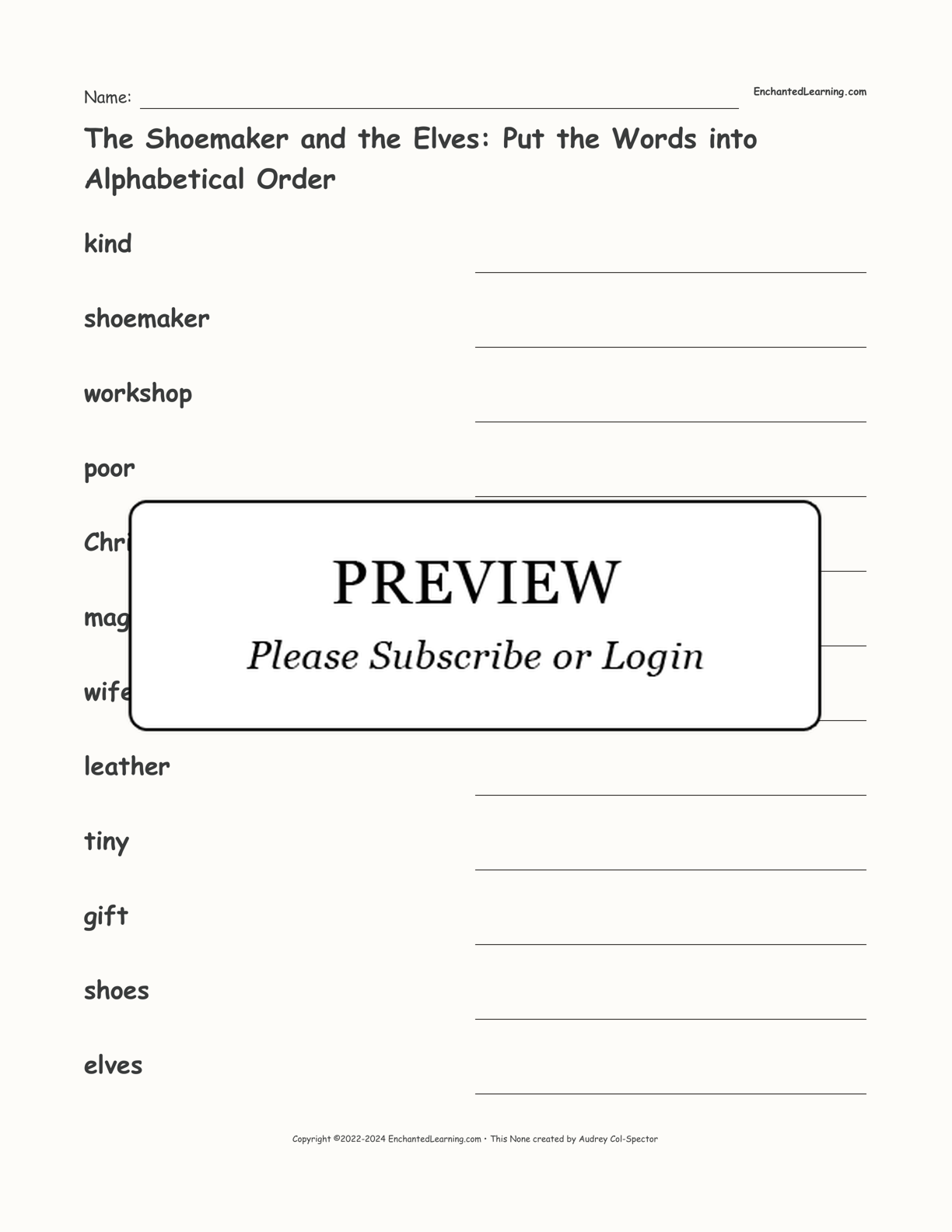 The Shoemaker and the Elves: Put the Words into Alphabetical Order interactive worksheet page 1