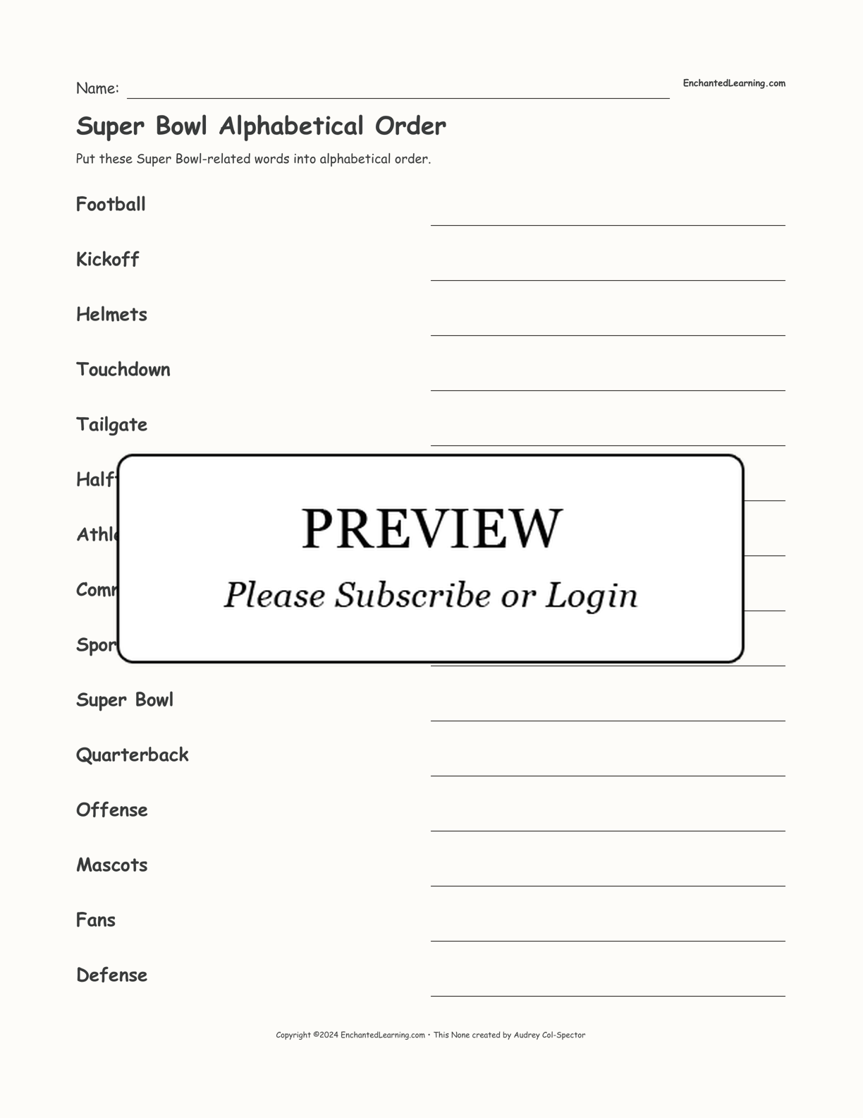 Super Bowl Alphabetical Order interactive worksheet page 1