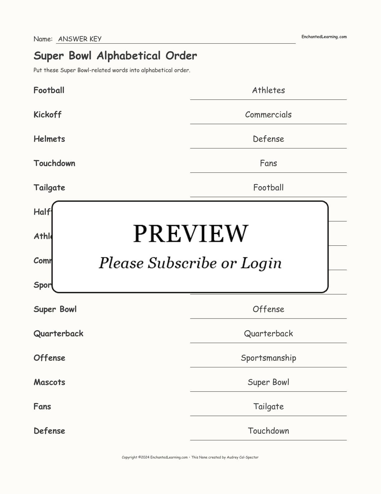 Super Bowl Alphabetical Order interactive worksheet page 2