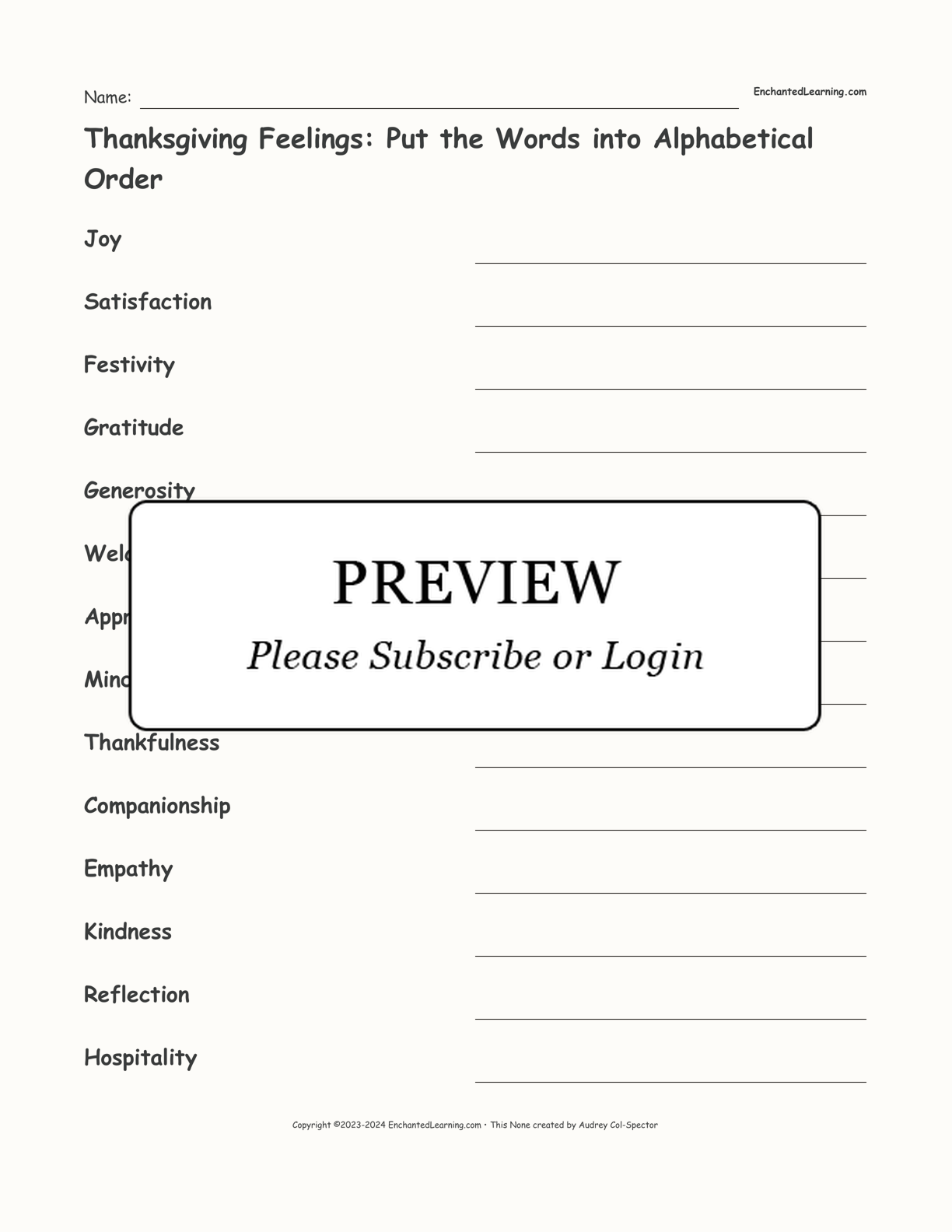 Thanksgiving Feelings: Put the Words into Alphabetical Order interactive worksheet page 1