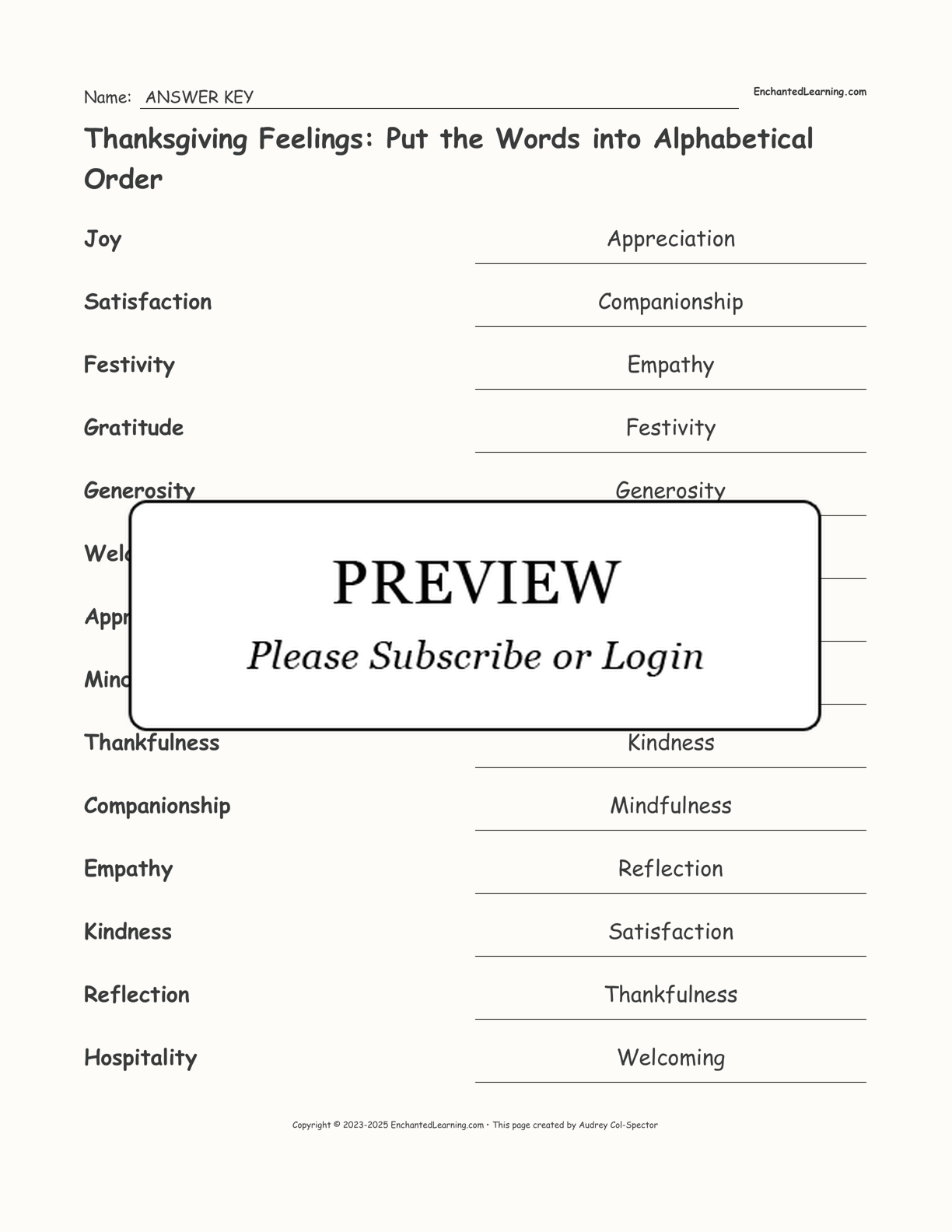 Thanksgiving Feelings: Put the Words into Alphabetical Order interactive worksheet page 2