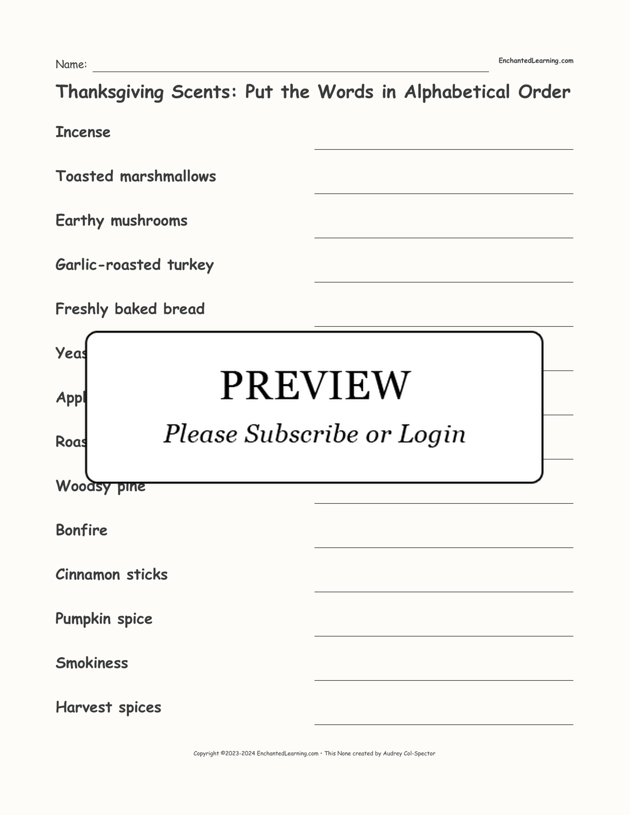 Thanksgiving Scents: Put the Words in Alphabetical Order interactive worksheet page 1