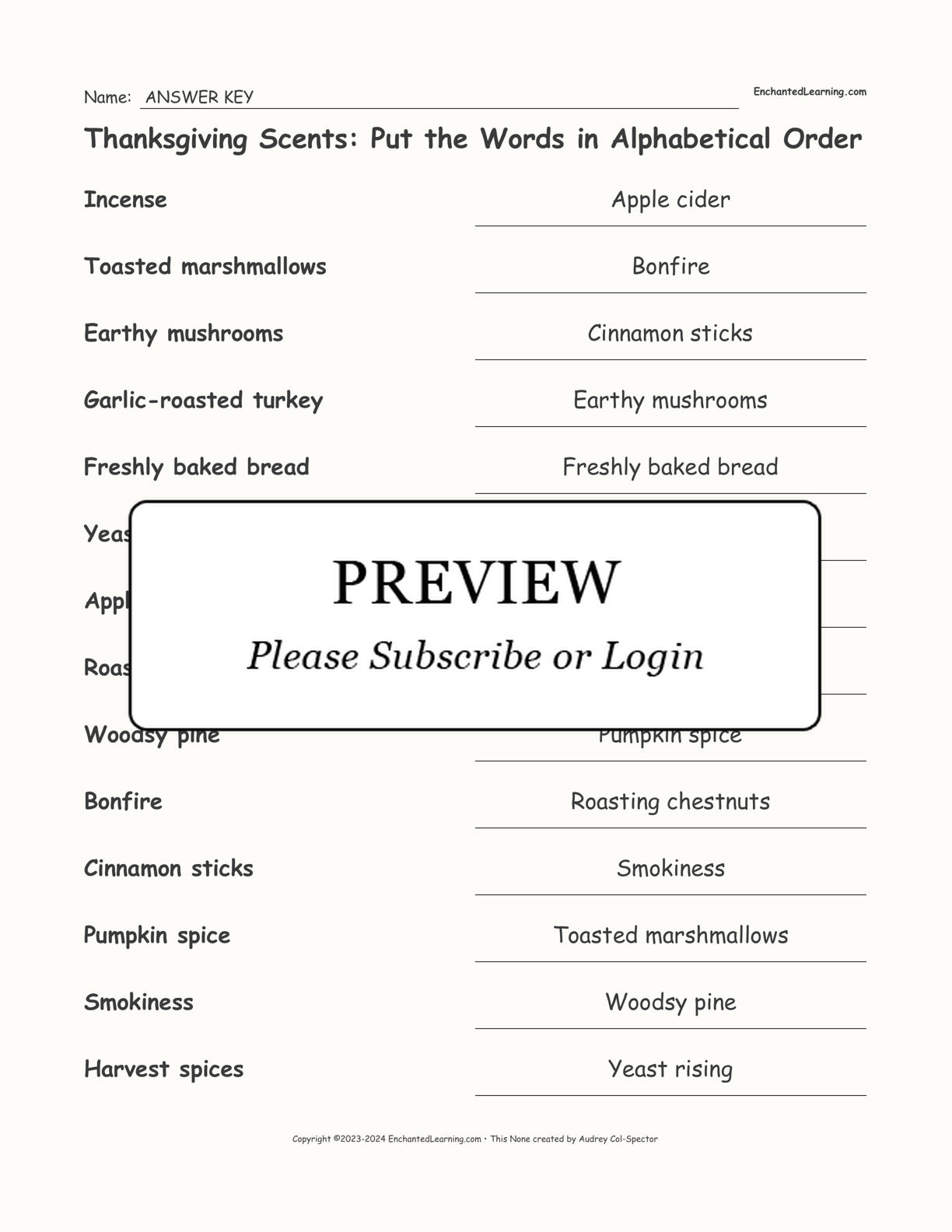 Thanksgiving Scents: Put the Words in Alphabetical Order interactive worksheet page 2