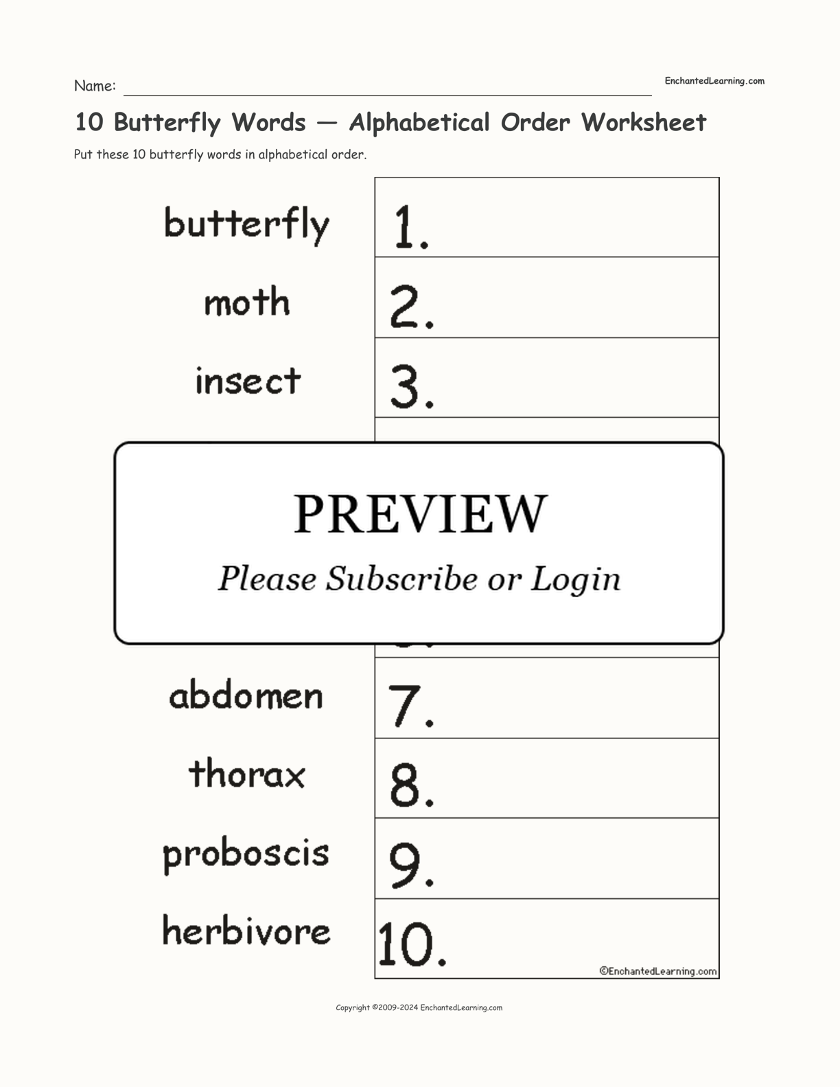 10 Butterfly Words — Alphabetical Order Worksheet interactive worksheet page 1