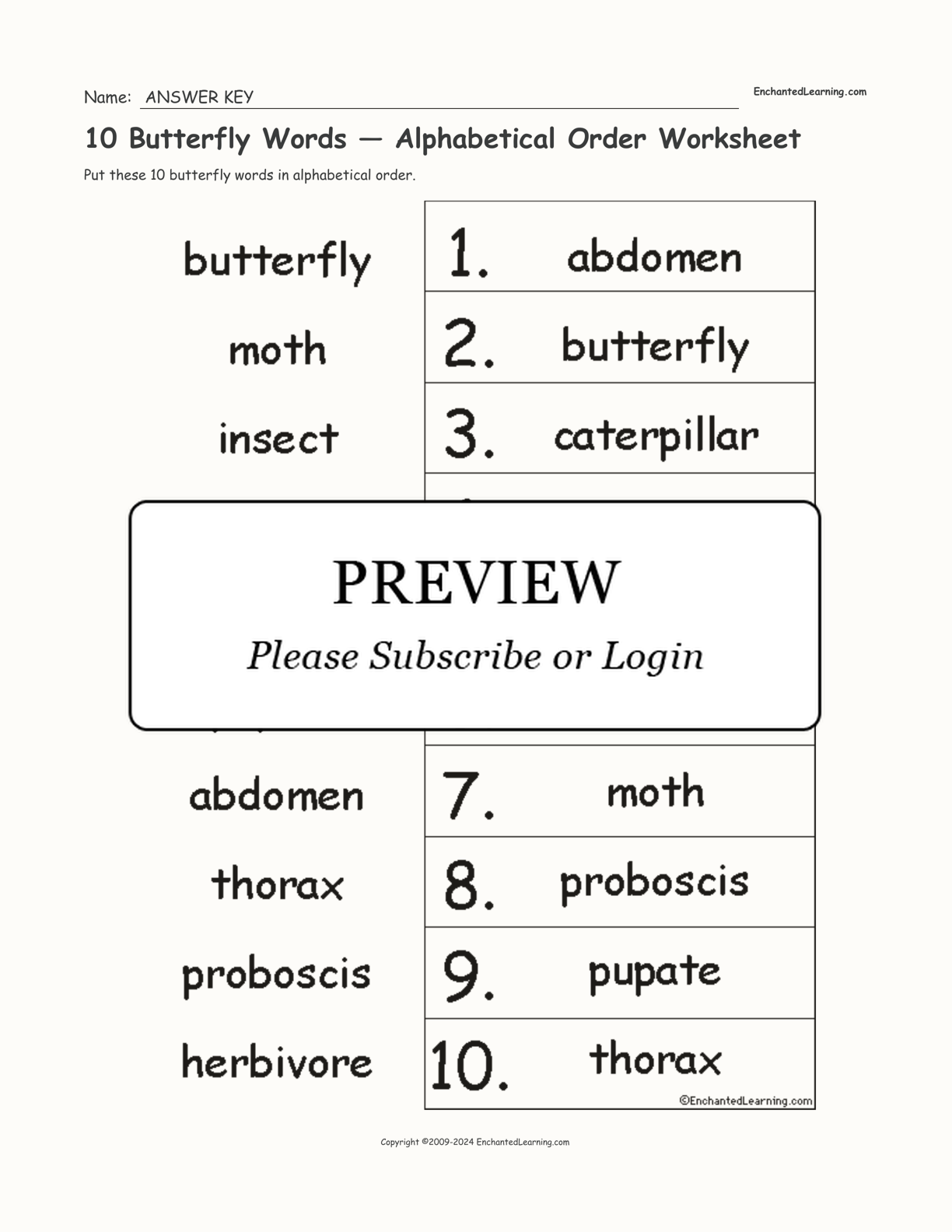 10 Butterfly Words — Alphabetical Order Worksheet interactive worksheet page 2