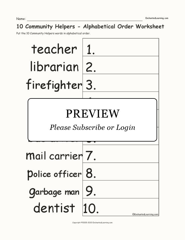 10 community helpers alphabetical order worksheet enchanted learning