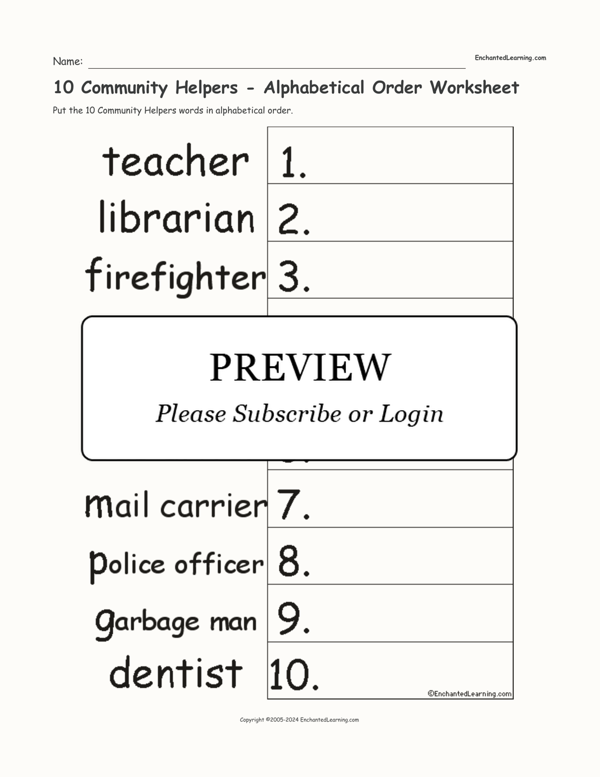 10 Community Helpers - Alphabetical Order Worksheet interactive worksheet page 1