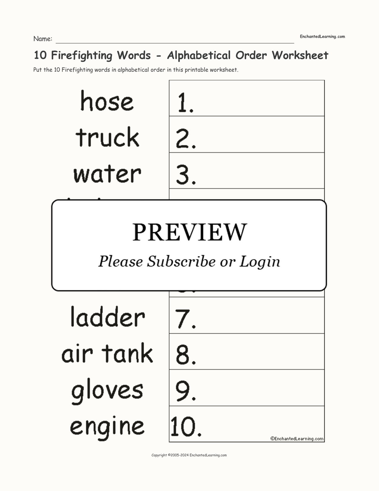 10 Firefighting Words - Alphabetical Order Worksheet interactive worksheet page 1