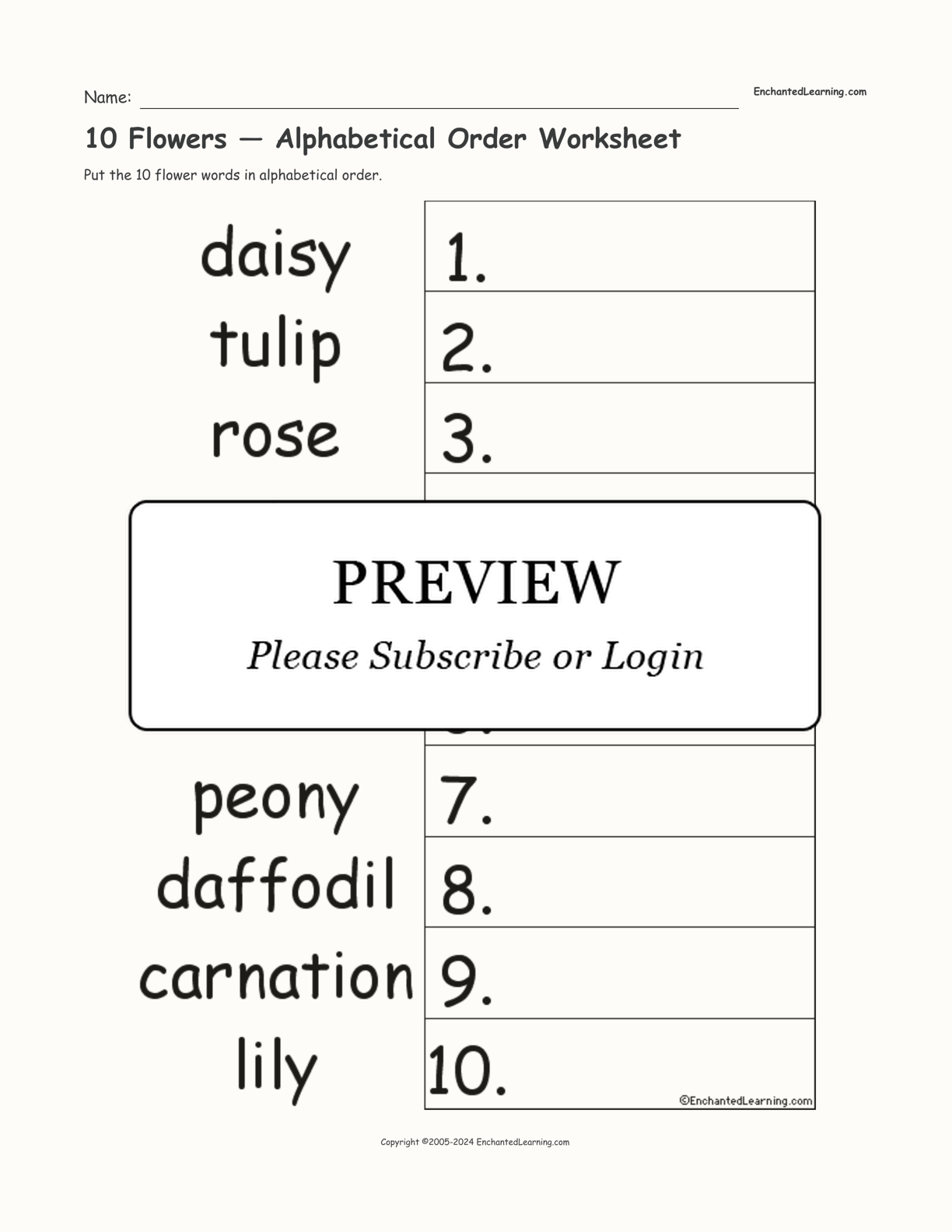 10 Flowers — Alphabetical Order Worksheet interactive worksheet page 1
