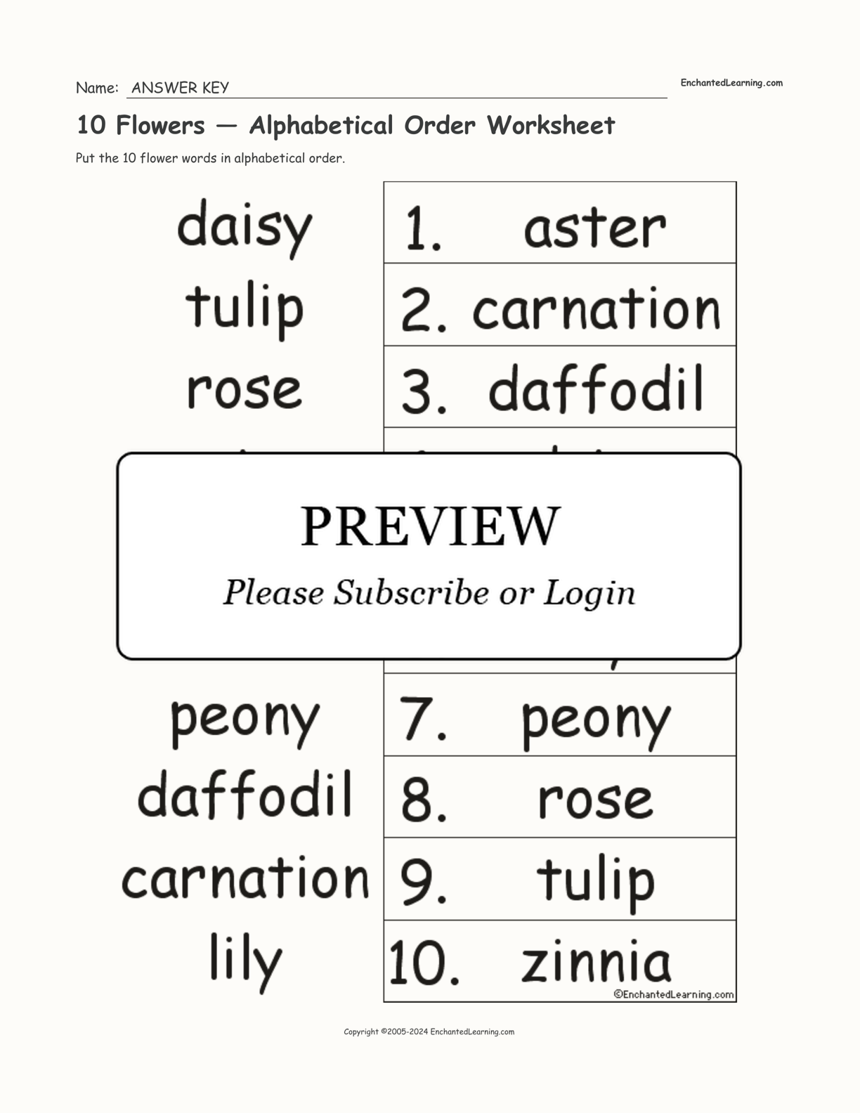 10 Flowers — Alphabetical Order Worksheet interactive worksheet page 2