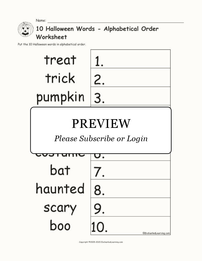 10 halloween words alphabetical order worksheet